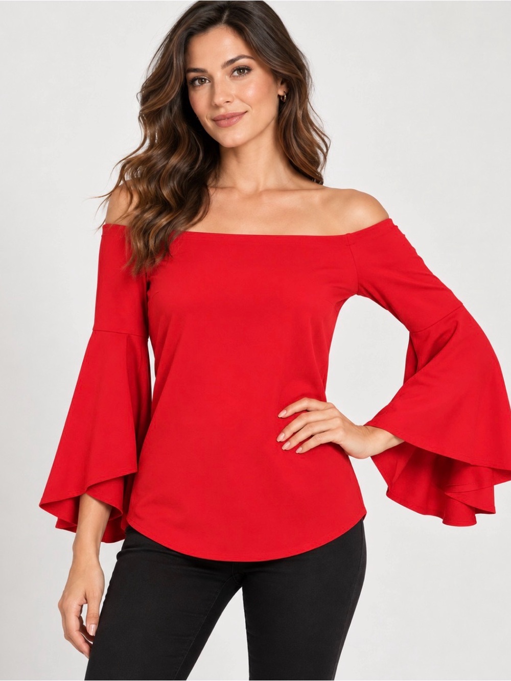 Off-Shoulder Red Bell-Sleeve Top